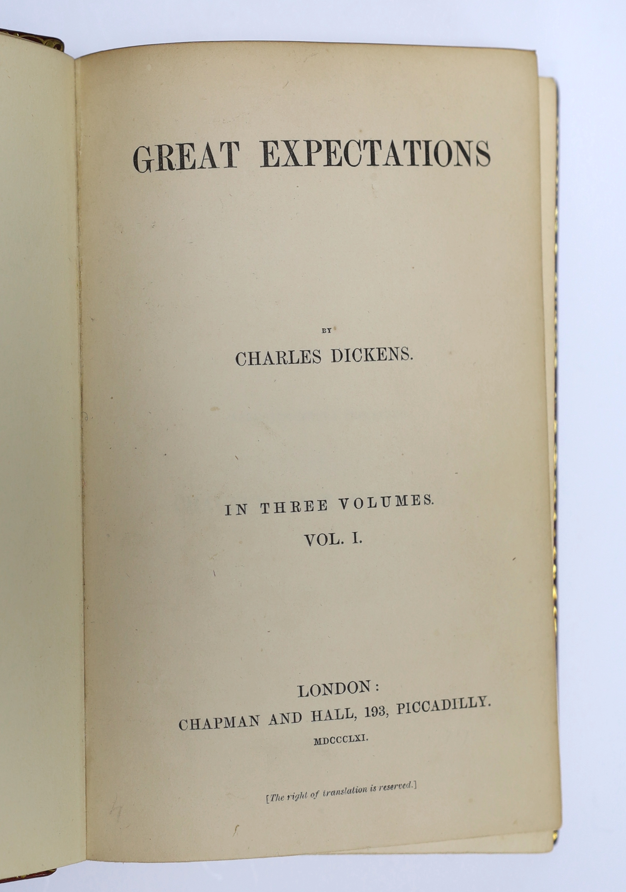 Dickens, Charles - Great Expectations, 3 vols, 1st edition in book form, 1st issue with no edition statements on title-page, crown 8vo (187 x 115mm.), in fine mid 20th century gilt-ruled red levant morocco bindings, gilt